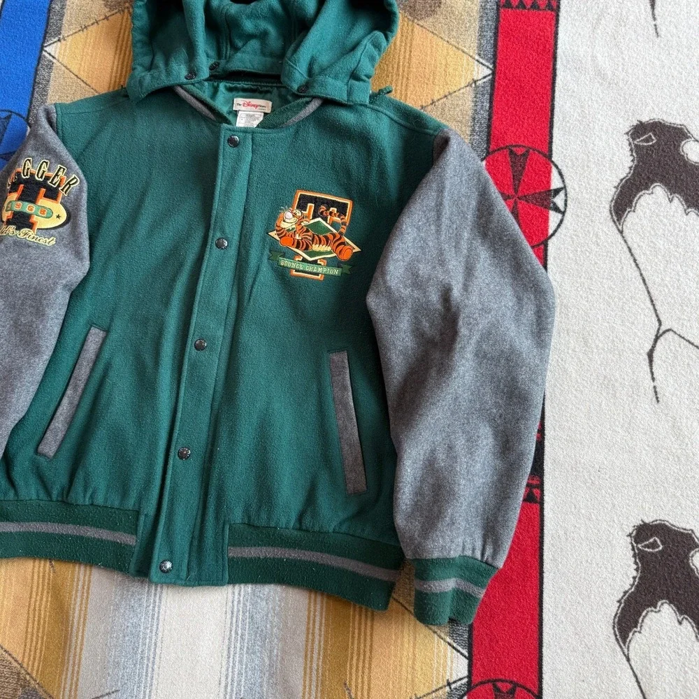 Vintage Disney Store Tigger Varsity Jacket Green Wool Blend Hooded Bomber Mens M - Picture 8 of 12